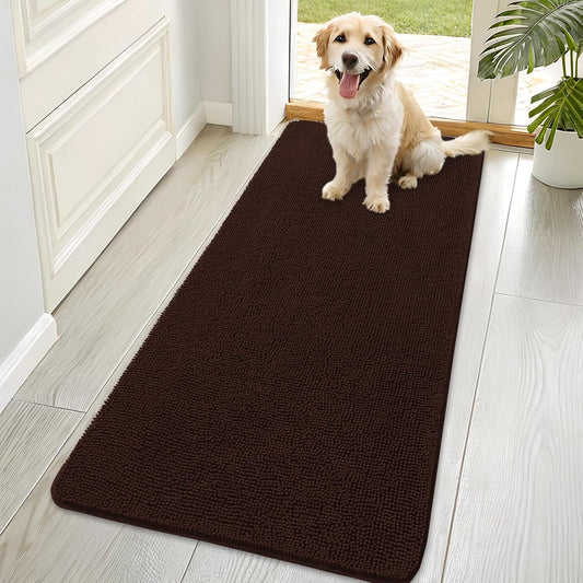 OLANLY Dog Door Mat for Muddy Paws 70x35, Absorbs Moisture and Dirt, Absorbent Non-Slip Washable Doormat, Quick Dry Chenille Mud Mat for Dogs, Entry Indoor Entryway Carpet for Inside Floor, Brown