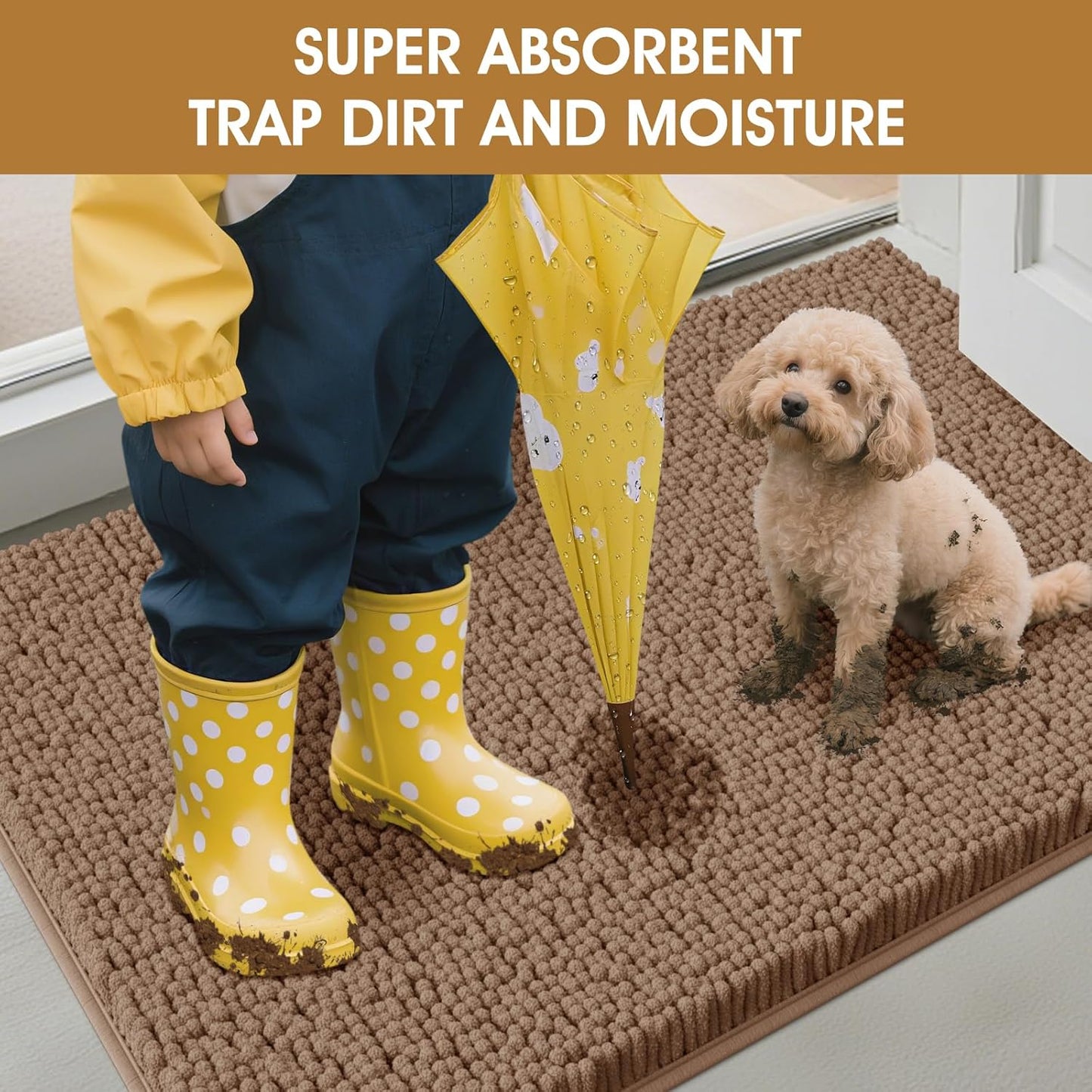 2 Pieces Muddy Door Mats for Dogs, Chenille Absorbent Pet Mats, Quick Dry, Trap Dirt Non Slip Heavy Indoor Doormat Soft Dog Bed Mat Front Inside Door Mat for Indoor Outdoor Entrance,Camel