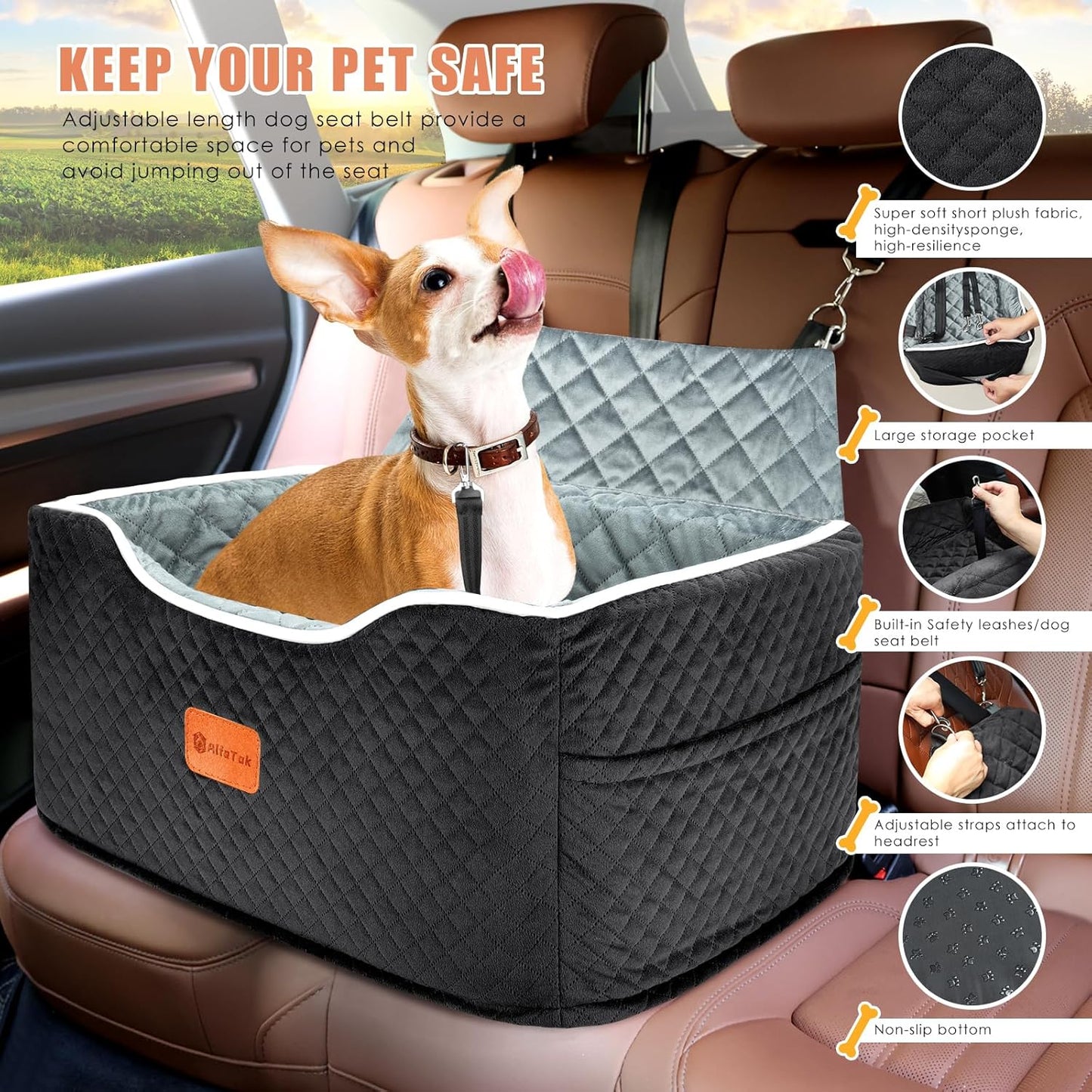 Memory Foam Booster Dog Car Seat for Medium Dogs (Under 45LBS): Elevated, Detachable Washable, Anti-Slip, for Car Back Seat, Travel Pet Bed with Seat Belt