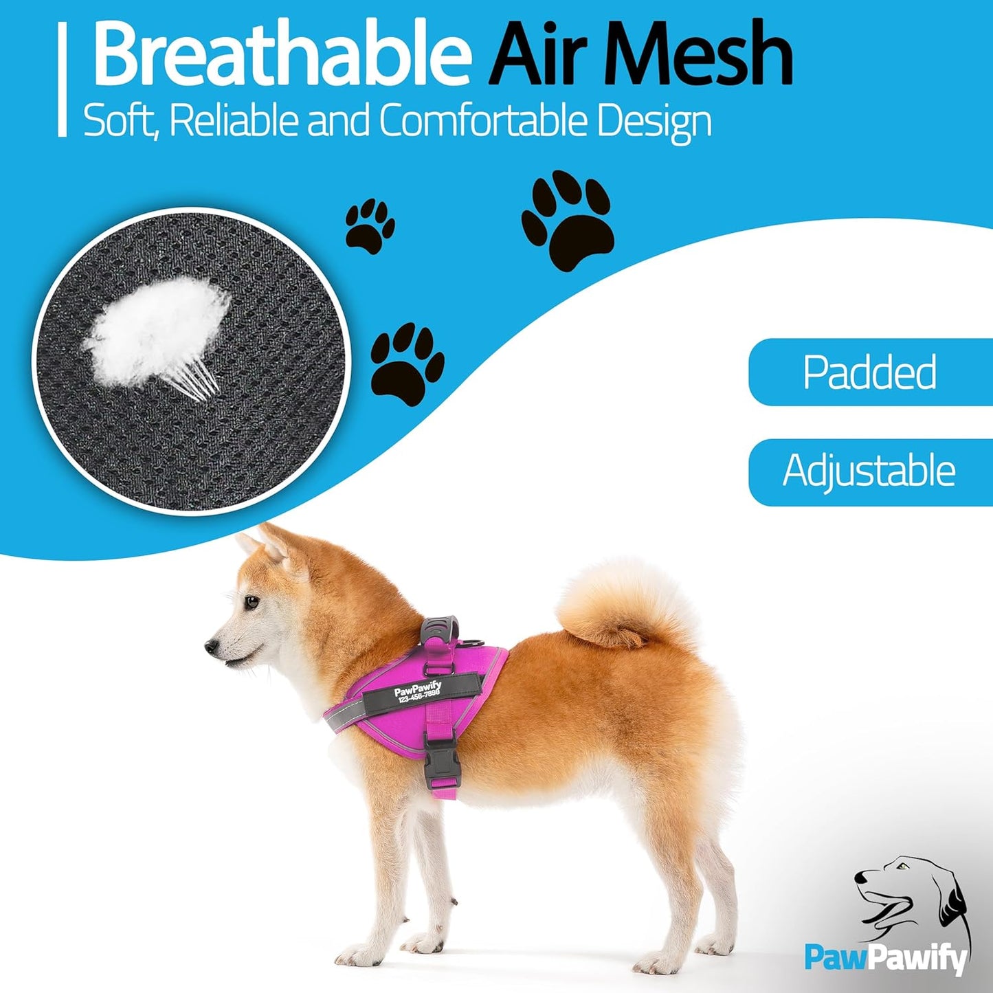 PawPawify Custom No Pull Dog Harness with Name and Phone Number, Heavy Duty Personalized Pet Vest to Prevent Tugging, Pulling, or Choking, Training and Walking (New Pink, M (20-40 LBS))