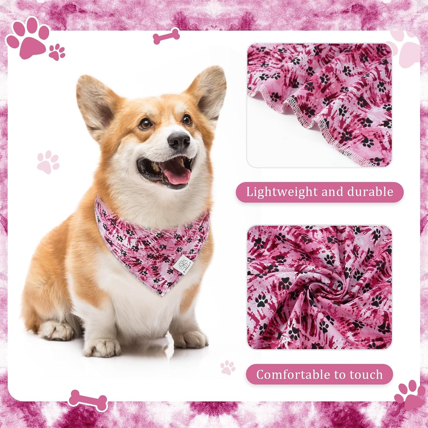E-Clover Purple Dog Bandana & Matching Scrunchie Dog Paw Prints Pet Dog Scarf Cute Dog Costumes Accessories for Small Medium Large Dogs Lavender