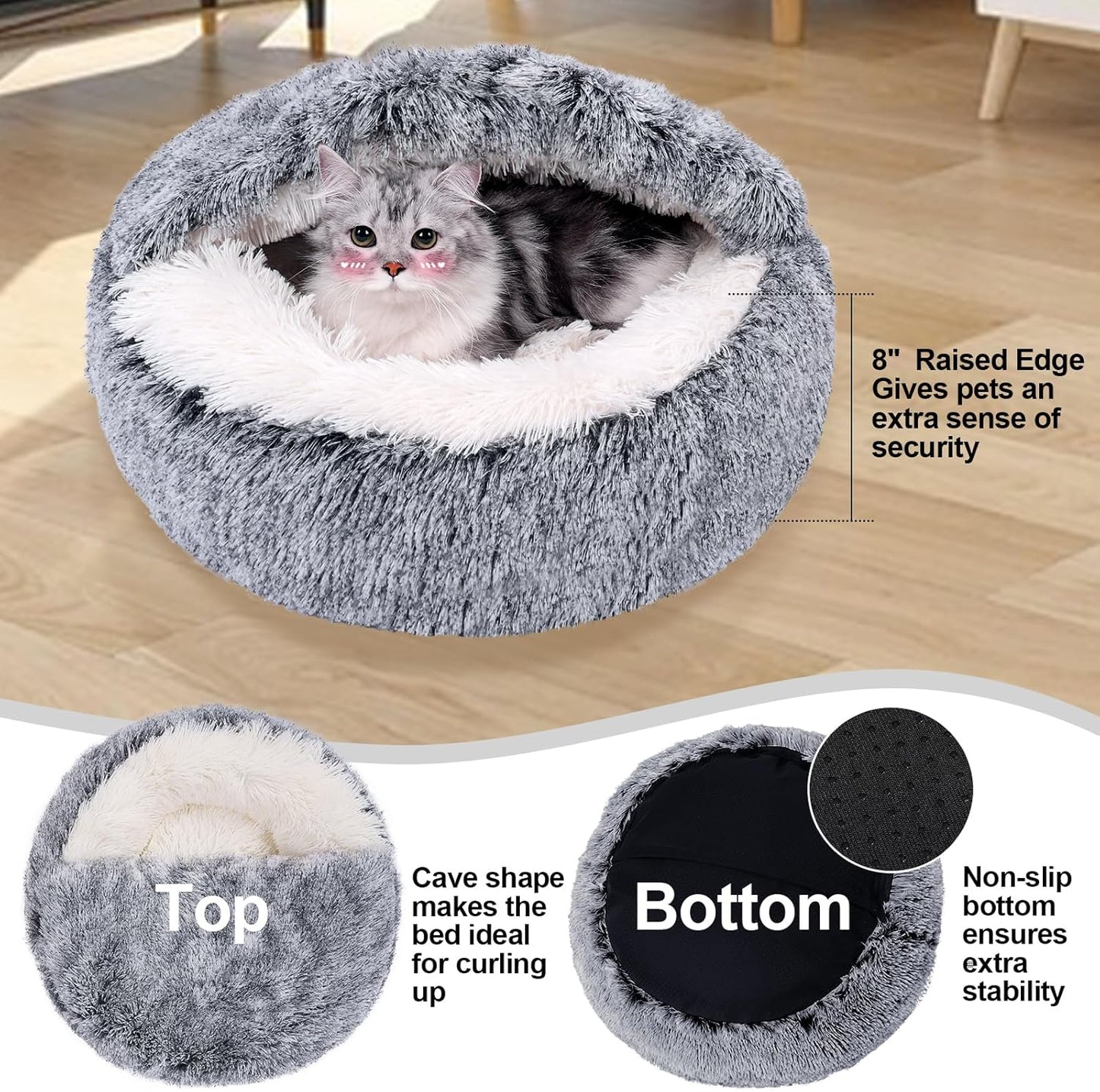 MADDEMCUTE Calming Dog & Cat Cave Bed With Hooded Cover, Removable Washable Round for Small Medium Pets, Anti-Slip Faux Fur Fluffy Coved for Improved Sleep, Fits up to 15/25 lbs (Grey, S)