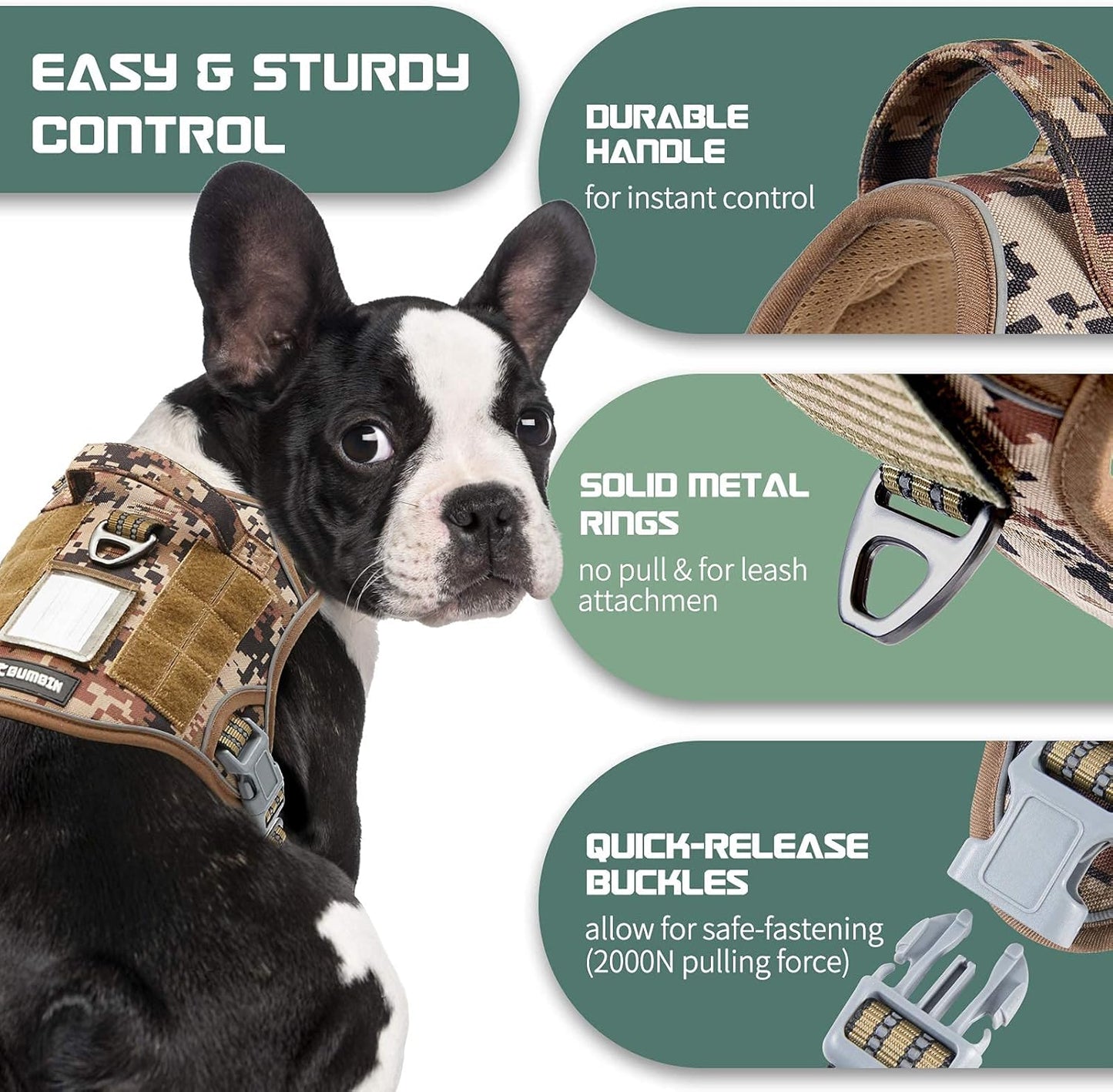 BUMBIN Tactical Dog Harness for Small Dogs No Pull, Famous TIK Tok No Pull Puppy Harness, Fit Smart Reflective Pet Walking Harness for Training, Adjustable Dog Vest Harness with Handle Desert Camo S
