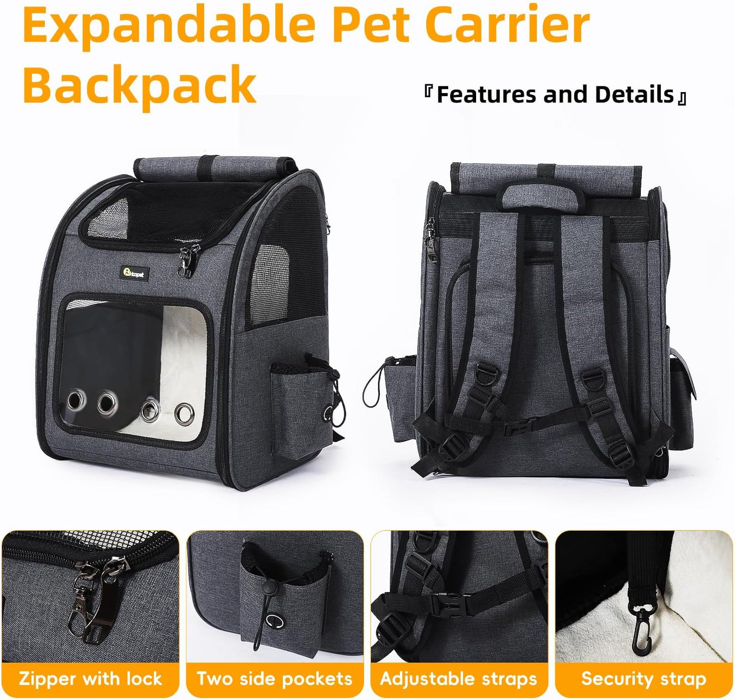 Hoopet Expandable Cat Backpack Carrier – Breathable Pet Carrier for Small Cats & Dogs, Foldable Travel Backpack with Mesh Ventilation for Hiking, Walking, Camping, Dark Grey