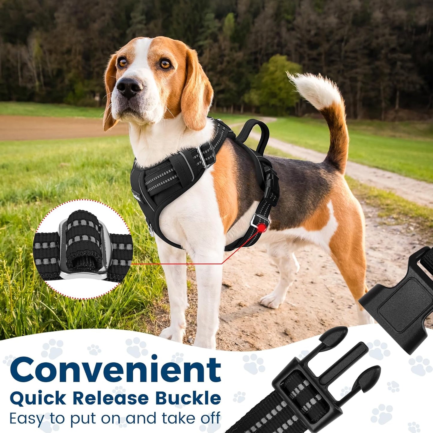 Funfox Dog Harness No Pull, Adjustable Dog Vest Harness, Super Soft Material with Vertical Handle Easy Control, Reflective Night Walking, 2 Leash Clips for Small Medium Large Size, Black, S