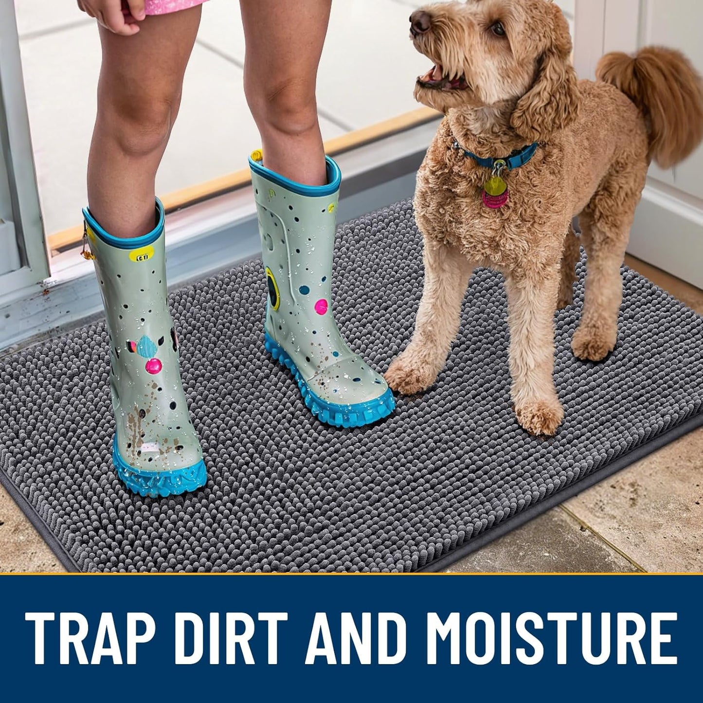 Smiry Dog Door Mat for Muddy Paws 48x30, Absorbs Moisture and Dirt Doormat, Non-Slip Washable Quick Dry Chenille Front Door Mat Indoor Entrance, Entryway Carpet for Inside Floor, Dark Grey