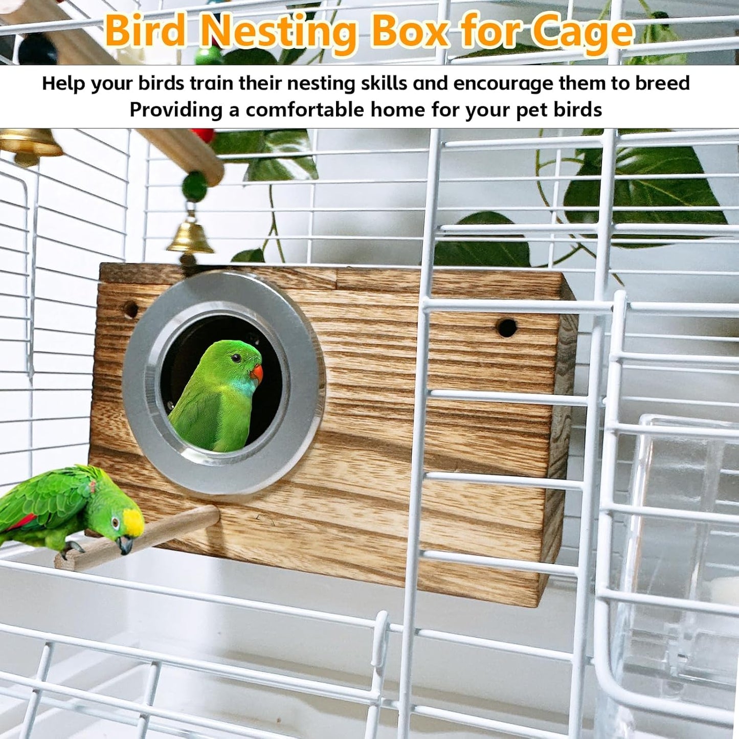 kathson Parrots Nesting Box Parakeet Nest House for Cage Budgie Breeding Hut with Coconut Fiber Bedding Wooden Bird Mating Box for Lovebirds and Small Parrot Birds