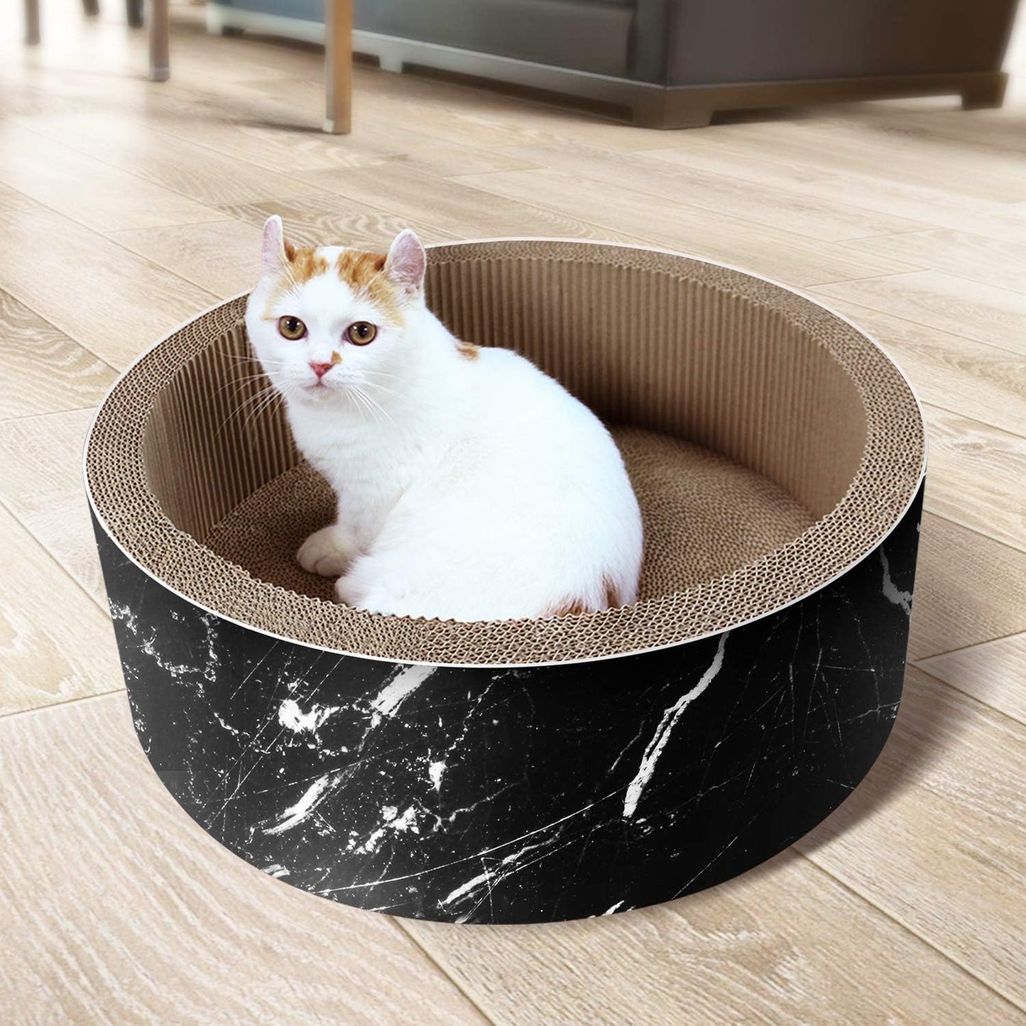 Cat Scratcher Post & Board, Round Cat Scratching Lounge Bed, Durable Pad Prevents Furniture Damage, 17.32'' x 17.32''x 6.11'', Black