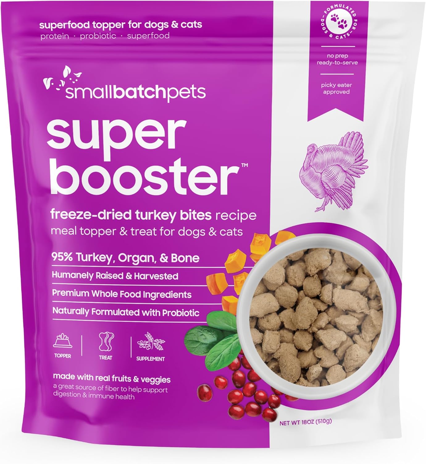 smallbatch Freeze Dried Dog Treats, Superfood Food Topper Turkey Bites for Dogs & Cats, Probiotics, Organic Ingredients, High Protein, Grain Free Healthy Food Topper, Made in The USA, 18 oz Bag
