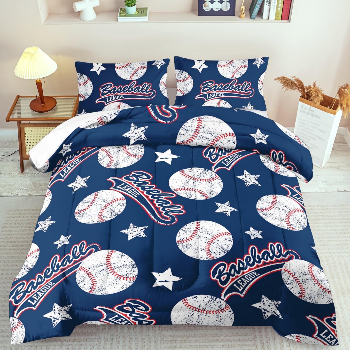 Baseball Comforter Set King,Sports Bedding Sets for Boys,Blue Sports Comforter King Bedroom Decor,Baseball Bedding Teen for All Seasons,Blue Quilt Kids Bedroom Decor