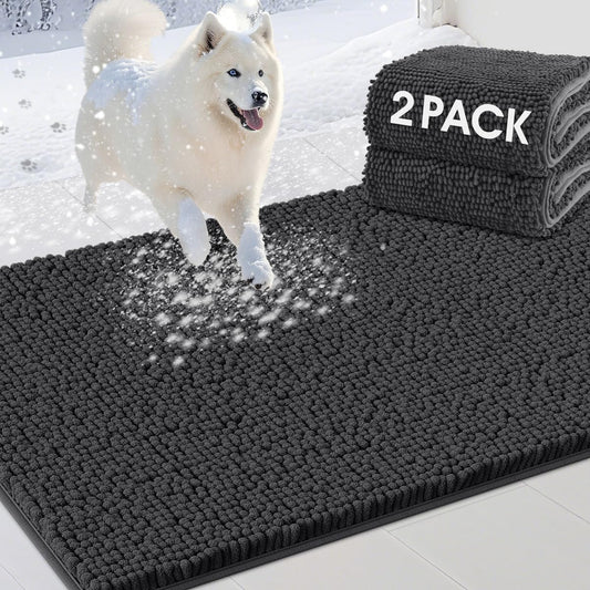 2 Pieces Muddy Door Mats for Dogs, Chenille Absorbent Pet Mats, Quick Dry, Trap Dirt Non Slip Heavy Indoor Doormat Soft Dog Bed Mat Front Inside Door Mat for Indoor Outdoor Entrance,Dark Grey