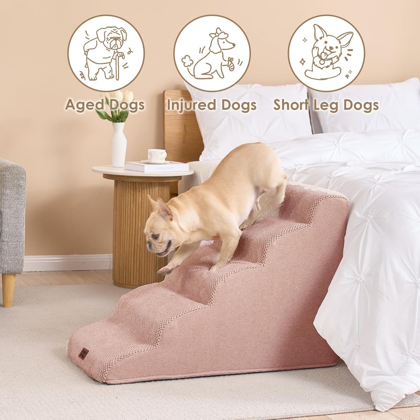 EHEYCIGA Curved Dog Stairs Ramp for High Beds 22.6" H, 5-Step Dog Steps for Small Dogs and Cats, Pet Stairs for High Bed Climbing, Non-Slip Balanced Pet Step Indoor, Dusty Pink