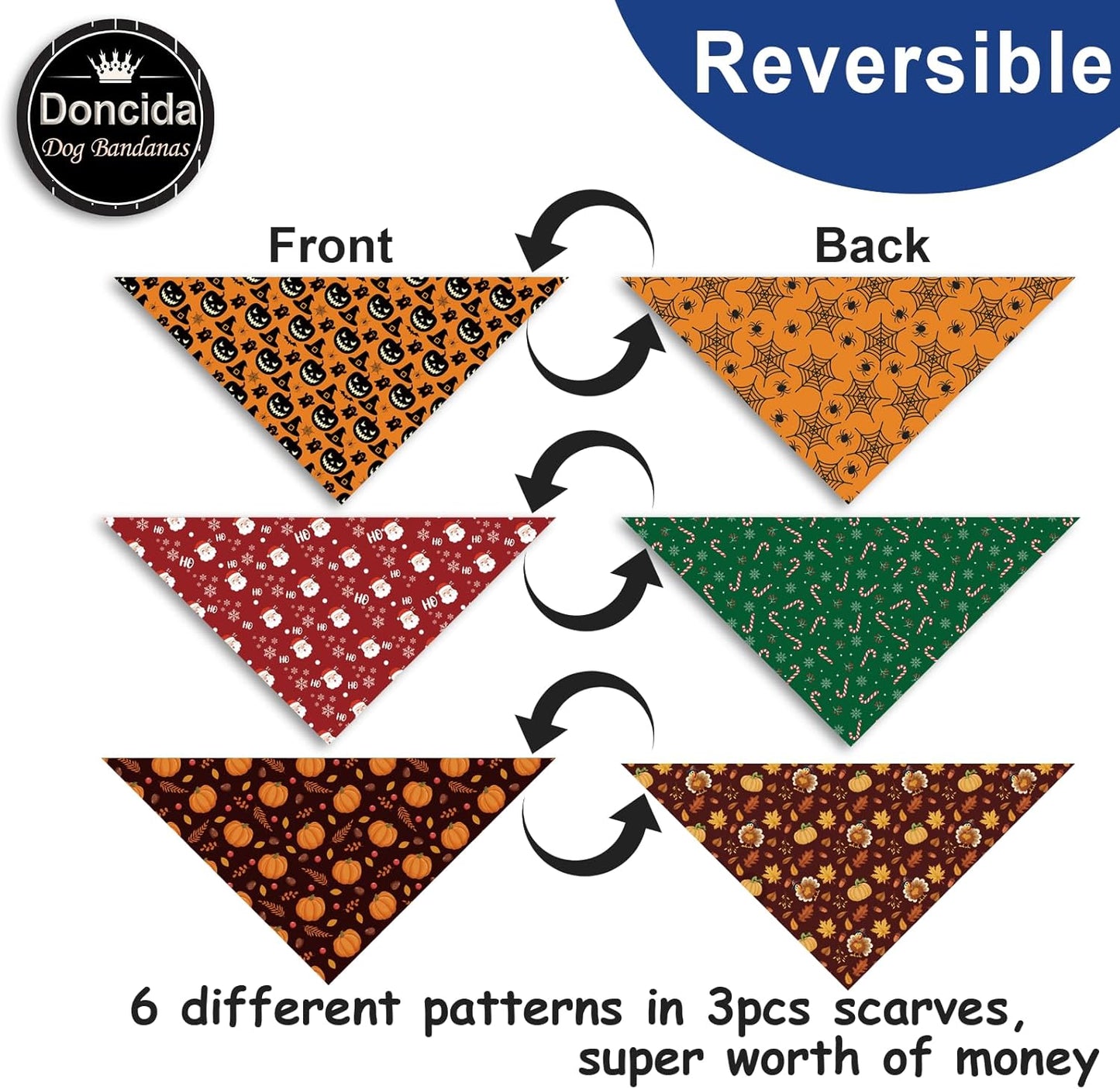 Doncida Halloween Dog Bandana and Thanksgiving Christmas Dog Bandanas 3 Pack, 6 Pattern Reversible Triangle Scarf for Large and X-Large Dogs, Premium Durable Fabric Bibs for Pets (X-Large)