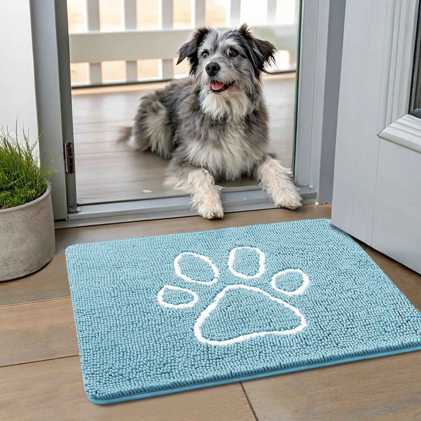 Smiry Dog Door Mat for Muddy Paws, Absorbent Dirt Trapper Non Slip Quick Dry Washable Chenille Mat for Mud Dogs, Entry Rug for Indoor and Outdoor (24x16 Inches, Sky Blue)