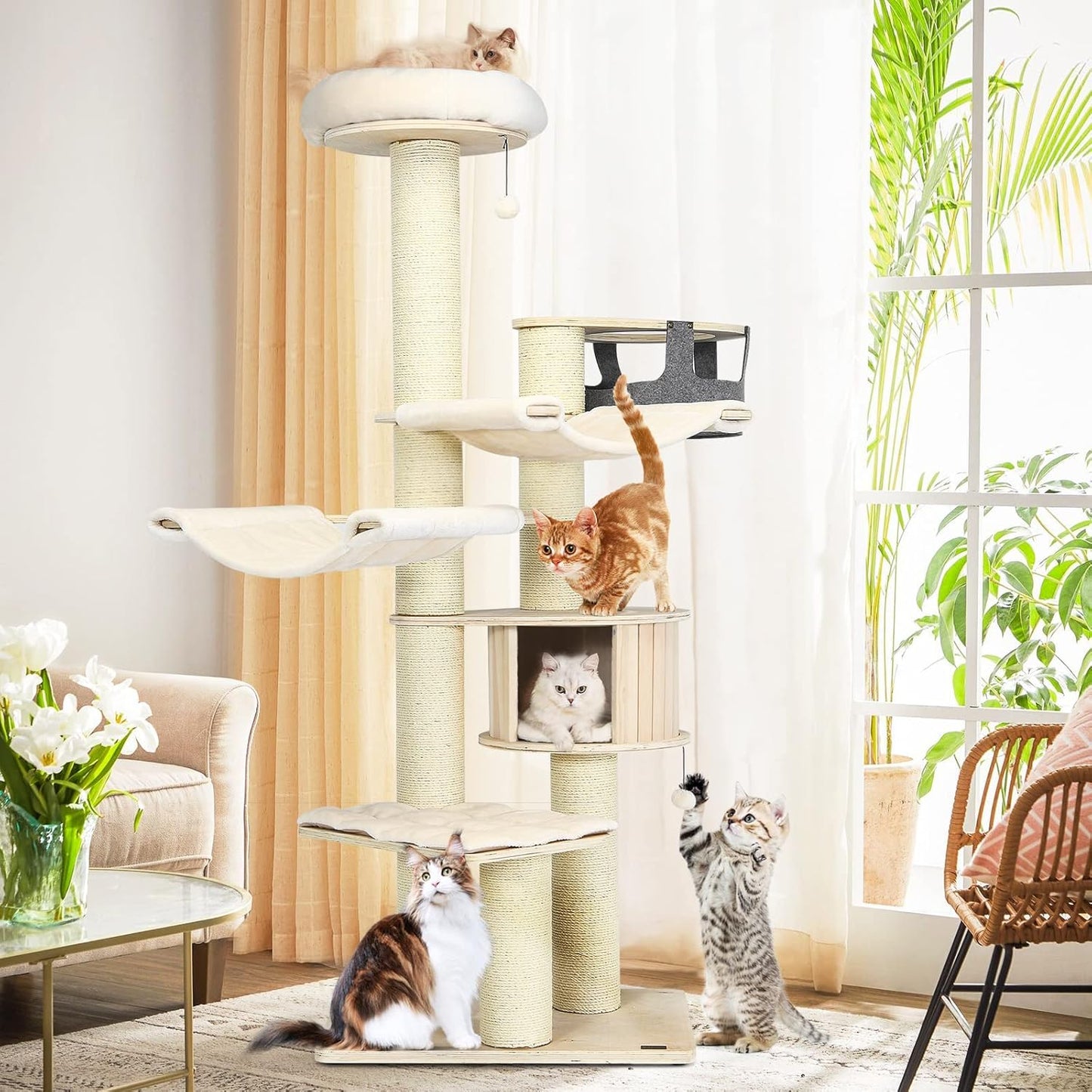 Tangkula Large Cat Tree, Multi-Level Tall Cat Tower with Sisal Scratching Posts, Hammocks, Hanging Basket, Cat Condo and Removable Washable Cushions, Modern Wood Cat Tree for Indoor Cats Large Adult