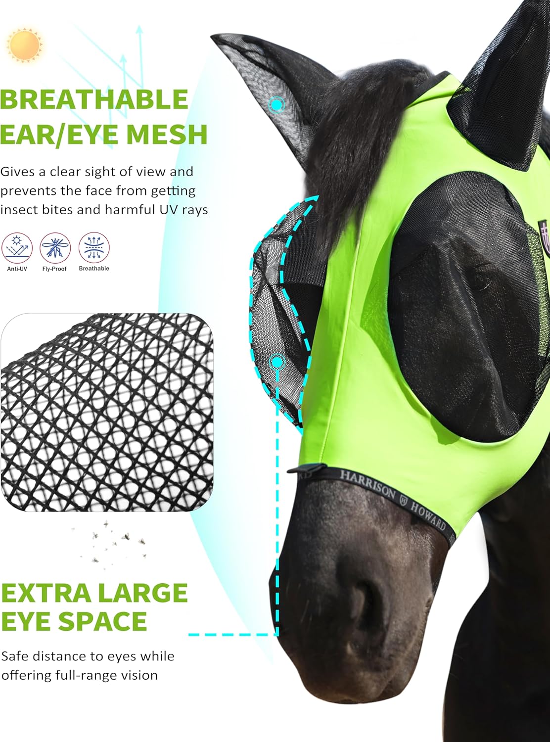 Harrison Howard Horse Fly Mask with Forelock Opening Stretch Breathable and Comfortable for Horses UV -Protection Fluorescent Yellow M