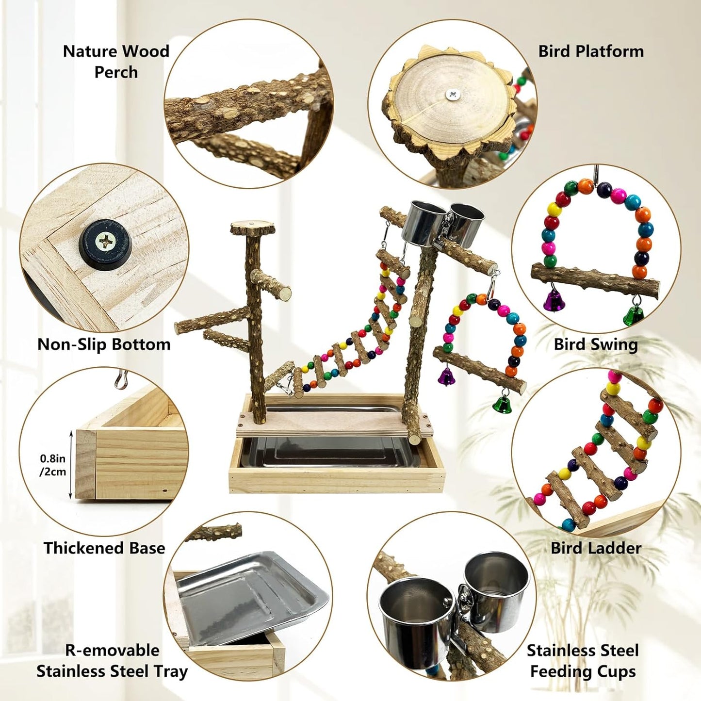 Tfwadmx Bird Playground Natural Wood Bird Play Stands Parrot Perch Stand with Removable Tray Climb Ladders Swing Chewing Toys for Lovebirds Cockatiels Budgies