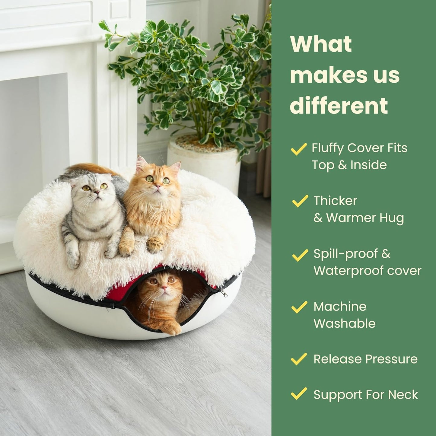 CATTASAURUS Peekaboo Cat Cave for Multiple & Large Cats Up to 30-45 Lbs, Fluffy Cat Beds & Furniture, Scratch Detachable & Washable Tunnel Bed, Comfy Donut Bed (Ruby Snowball, Large (Calming))