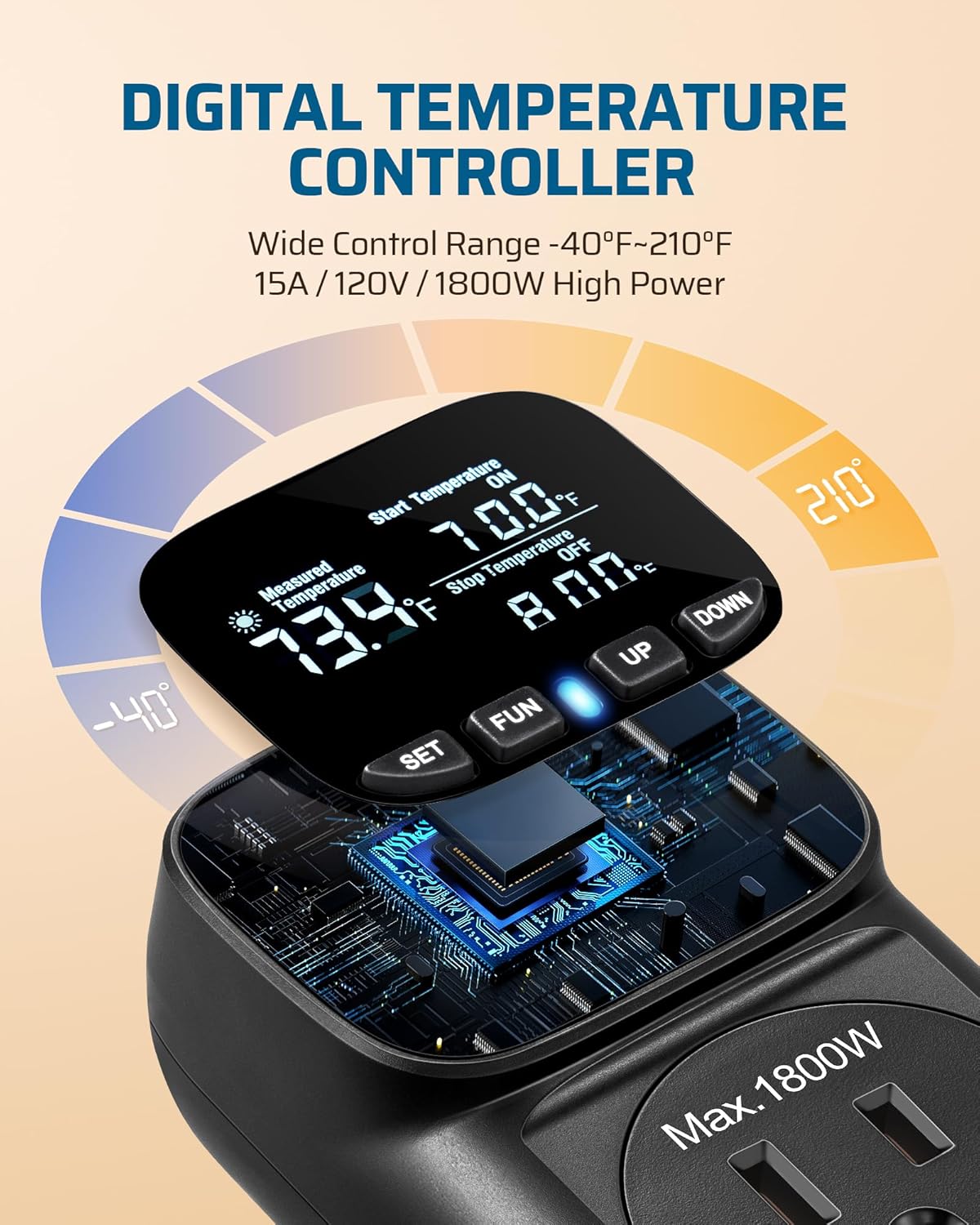 DEWENWILS Digital Temperature Controller, Heavy Duty 15A/1800W Thermostat Outlet Plug, VA Display Heating Cooling Control Timer, -40℉~210℉, Cyclic Timing/Countdown, for Greenhouse Incubator, Black