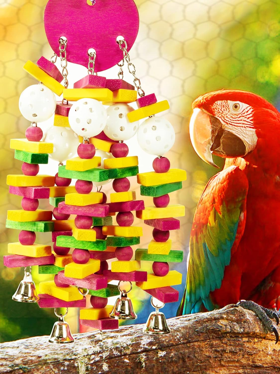 MEWTOGO Bird Toys - Edible Parrots Cage Chew Toy Gift with Bells and Safe Colorful Wood Blocks Beads for Macaws African Grey and Amazon Parrots (Peach Style)