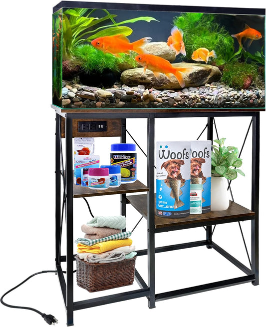 20-37 Gallon Fish Tank Stand with Power Outlet, 30.7"x13.8" Metal Frame Fish Stand, 3-Tier Wood Aquarium Stand, 400LBS Capacity Reptile Terrarium Stand