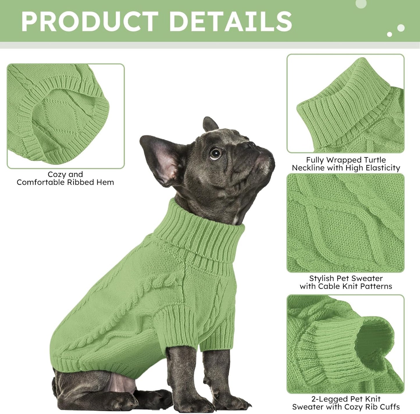 Queenmore Small Dog Pullover Sweater, Cold Weather Cable Knitwear, Classic Turtleneck Thick Warm Clothes for Chihuahua, Bulldog, Dachshund, Pug, Yorkie (Green, Small)