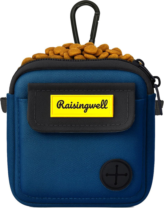 Dog Treat Pouch for Pet Walking and Training with Clicker, Poop Bags and Three Bags Design Small Fanny Zipper Pack Holder for Puppy Snack Dispenser Kit for Leash and Outdoor Use (Blue)
