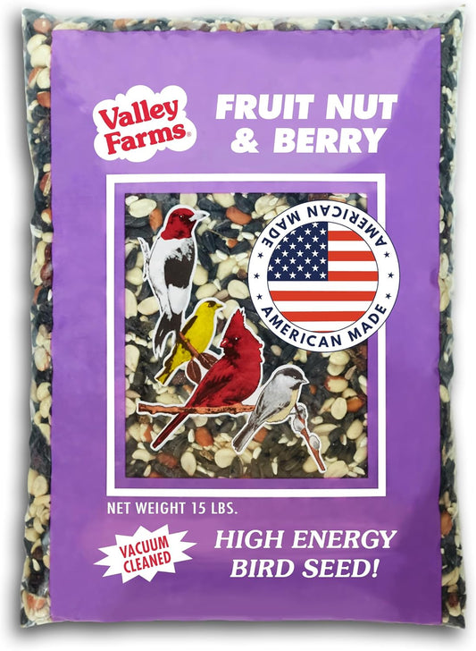 Valley Farms Fruit Nut & Berry Wild Bird Food for Outside Feeders, Bird Seed with Dried Fruit, Peanuts, Sunflower, and Safflower, High Energy Mix for Healthy Birds! (15 LBS)