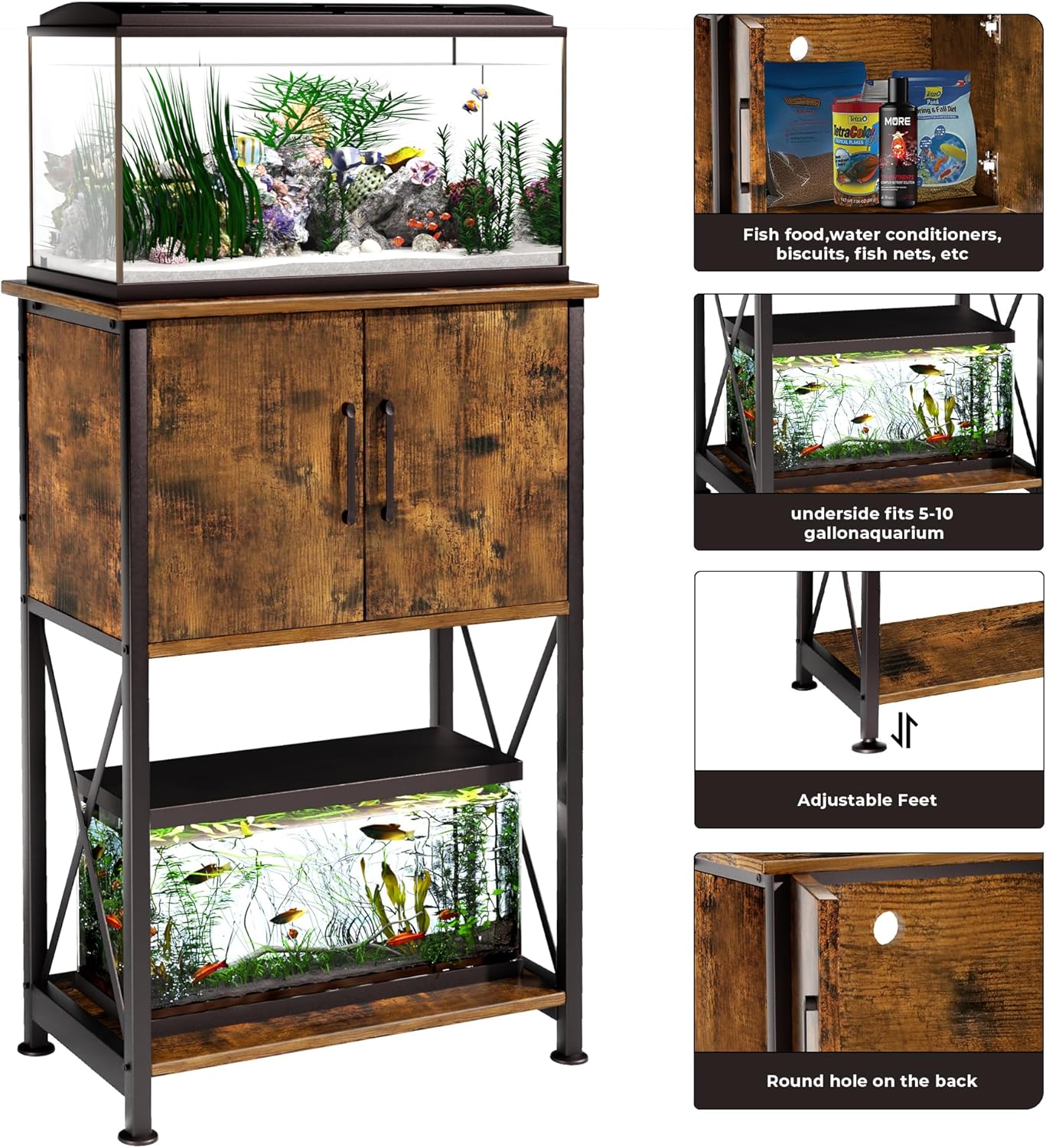 5-10 Gallon Fish Tank Stand, Metal Double Aquarium Stand with Cabinet for Fish Tank Accessories Storage, Heavy Duty 20.5" L* 11.02" W Tabletop, 500LBS Capacity Rustic Brown and Black PG06YGN