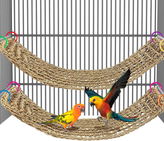 2Pcs 29.5 x 7 inches Large Bird Seagrass Mat Grass Woven Net Parrot Hammock Mat Parakeet Climbing Rope Ladder with Hooks Bird Cage Accessories for Conure Cockatiel Budgie Macaw Bearded Dragon