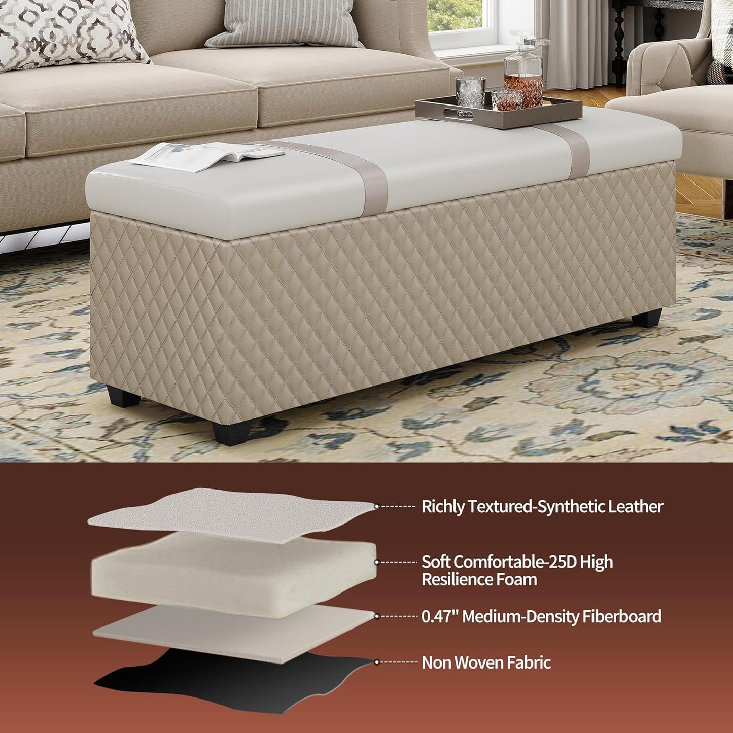 Ottoman with Storage 38 inches, Furniture End of Bed Storage Benches, Long Ottomans Bench with hinged lid, Bench seat Trunk for Foot Rest in Bedroom, Living Room (Multicolor)