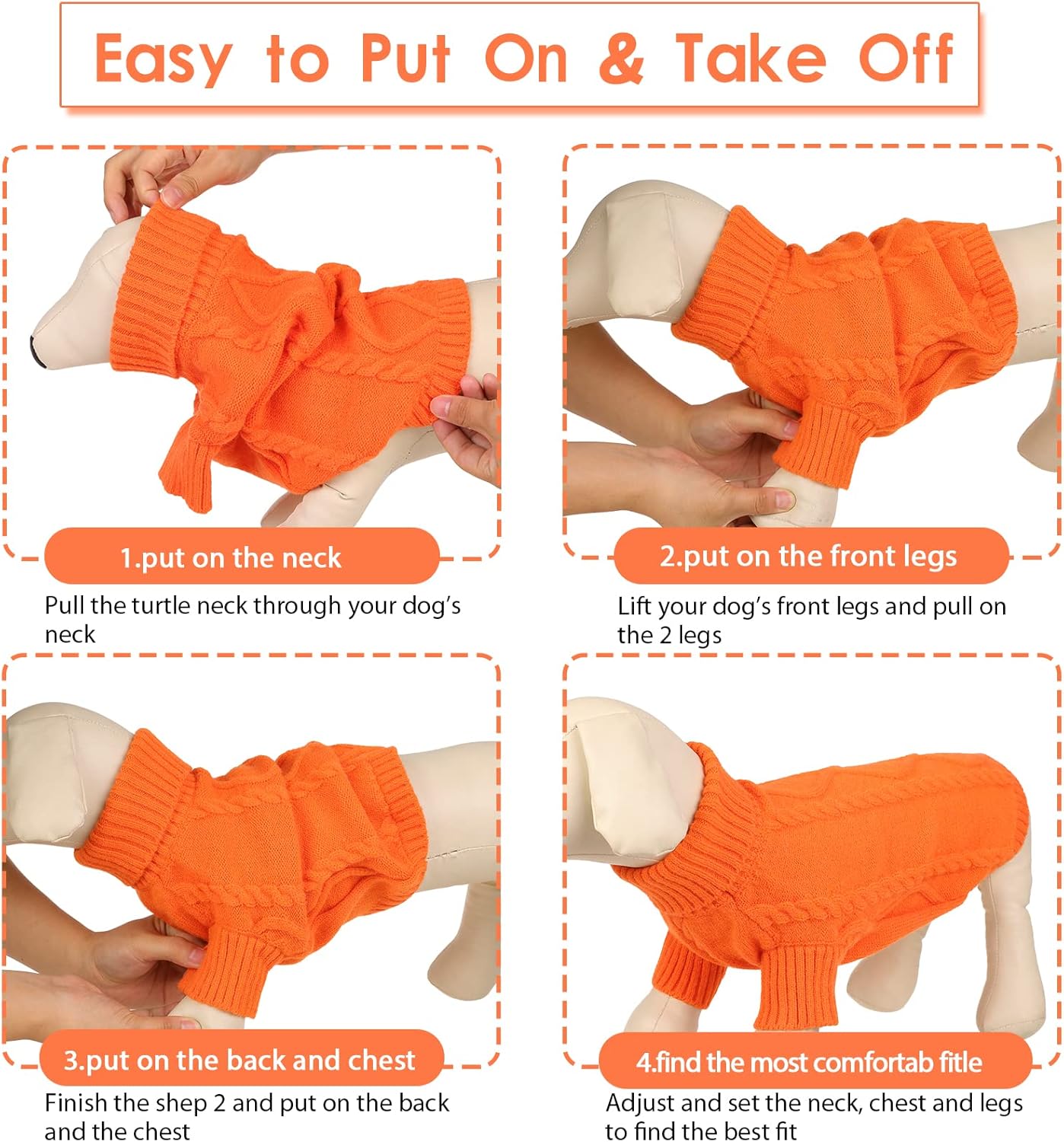 Queenmore Small Dog Pullover Sweater, Cold Weather Cable Knitwear, Classic Turtleneck Thick Warm Clothes for Chihuahua, Bulldog, Dachshund, Pug (Orange, Small)