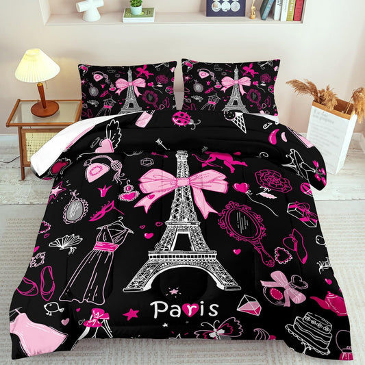 Eiffel Tower Comforter Set King Size,Eiffel Tower Bedding Set for Girls, Pink and Black Paris Themed Comforter Bedroom Decor,Paris Quilt French Style Romantic Bedding