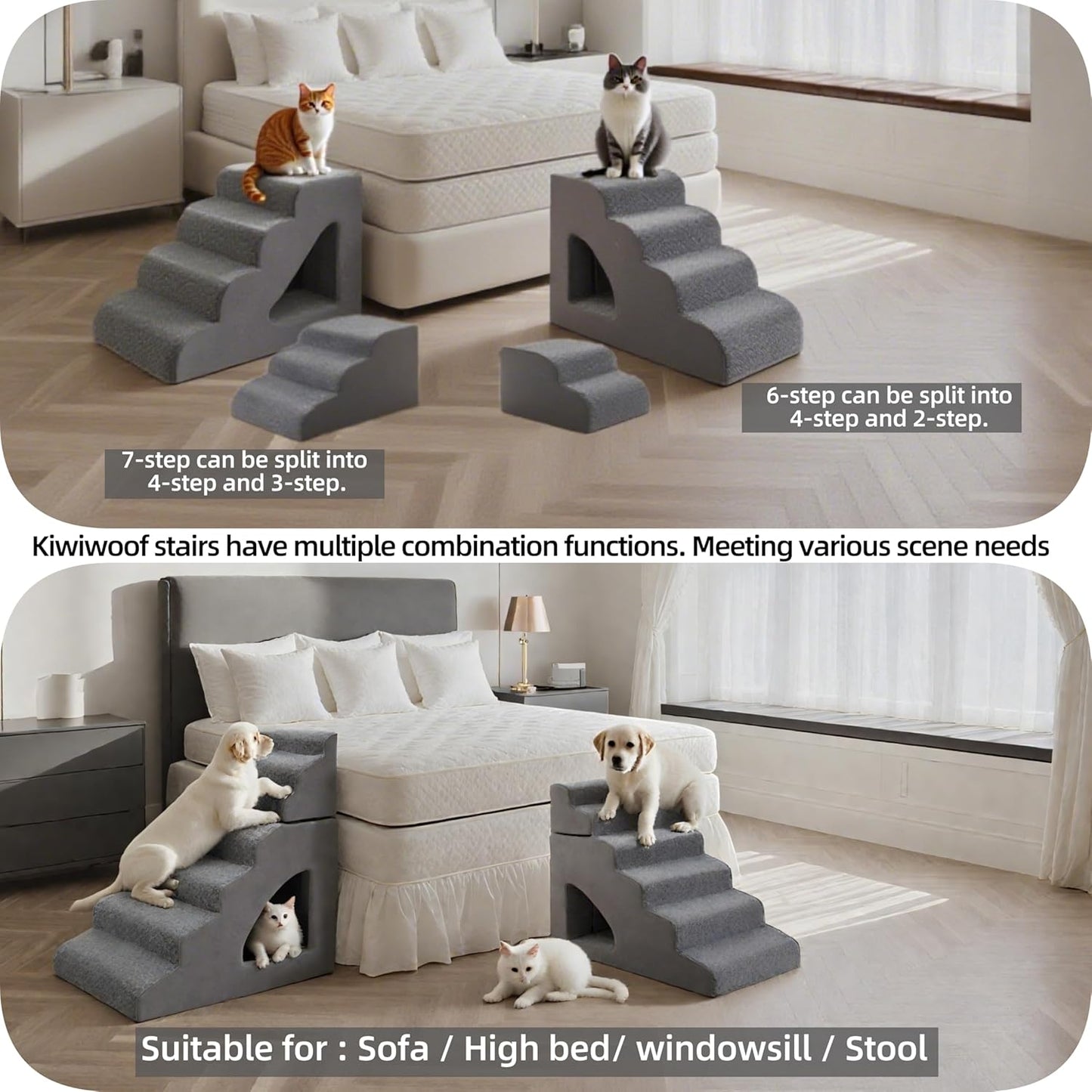 6 Step Pet Stairs Ramp for High Beds Sofas 18-36 Inch, Non-Slip Dog Stairs for Small Old Medium Large XL Dogs Cats, Sturdy 75 Pounds 33D Foam Balanced 6-Tier Ladder with Machine Washable Cover