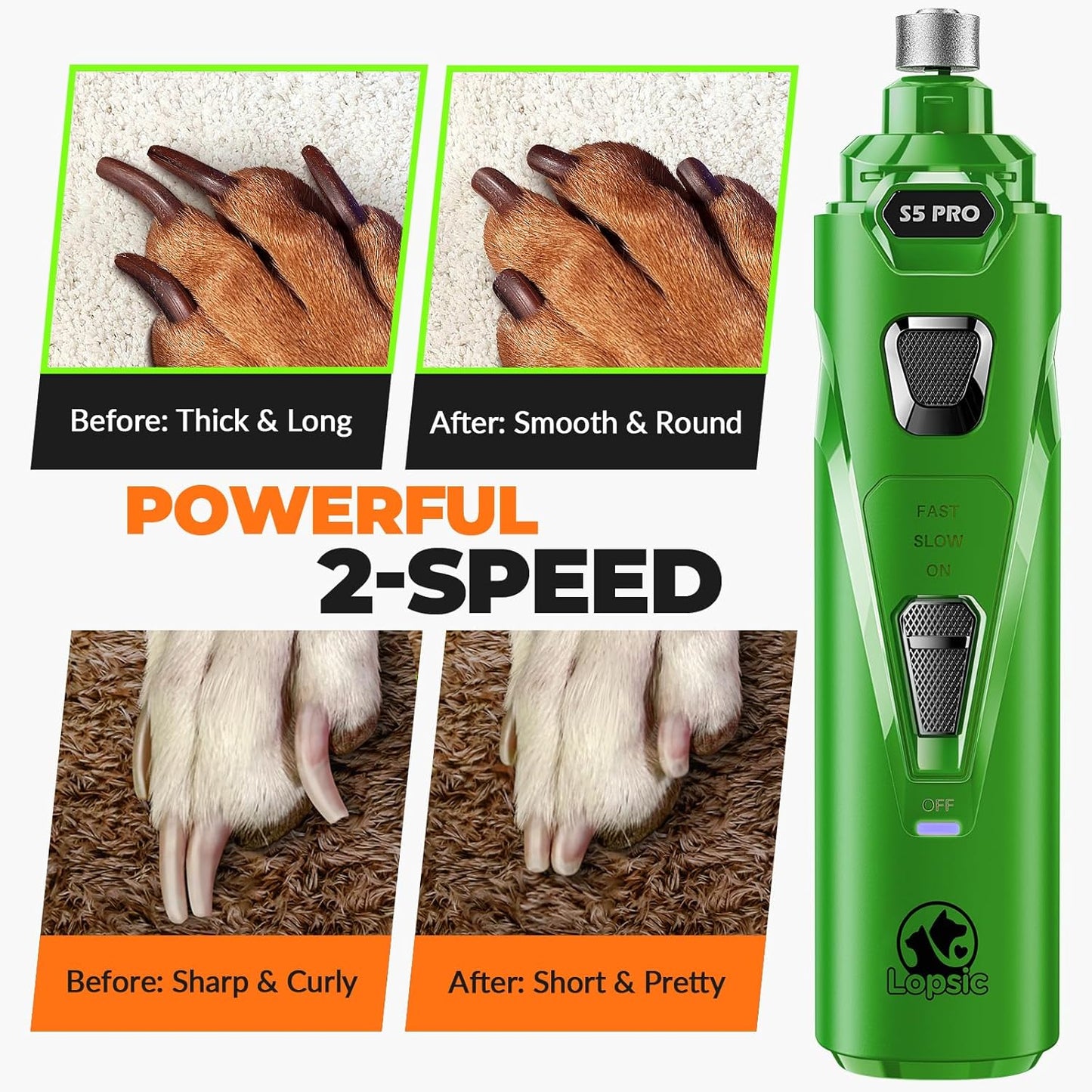 Dog Nail Grinder with 2 LED Lights Powerful 2 Speeds Super Quiet Dog Nail Trimmers with 3 Grinding Wheels Rechargeable Pet Dog Nail Clippers for Large Medium Puppy Dogs Dog Nail File Cat Nail Clipper
