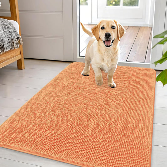 OLANLY Dog Door Mat for Muddy Paws 44x32, Absorbs Moisture and Dirt, Absorbent Non-Slip Washable Doormat, Quick Dry Chenille Mud Mat for Dogs, Entry Indoor Entryway Carpet for Inside Floor, Orange