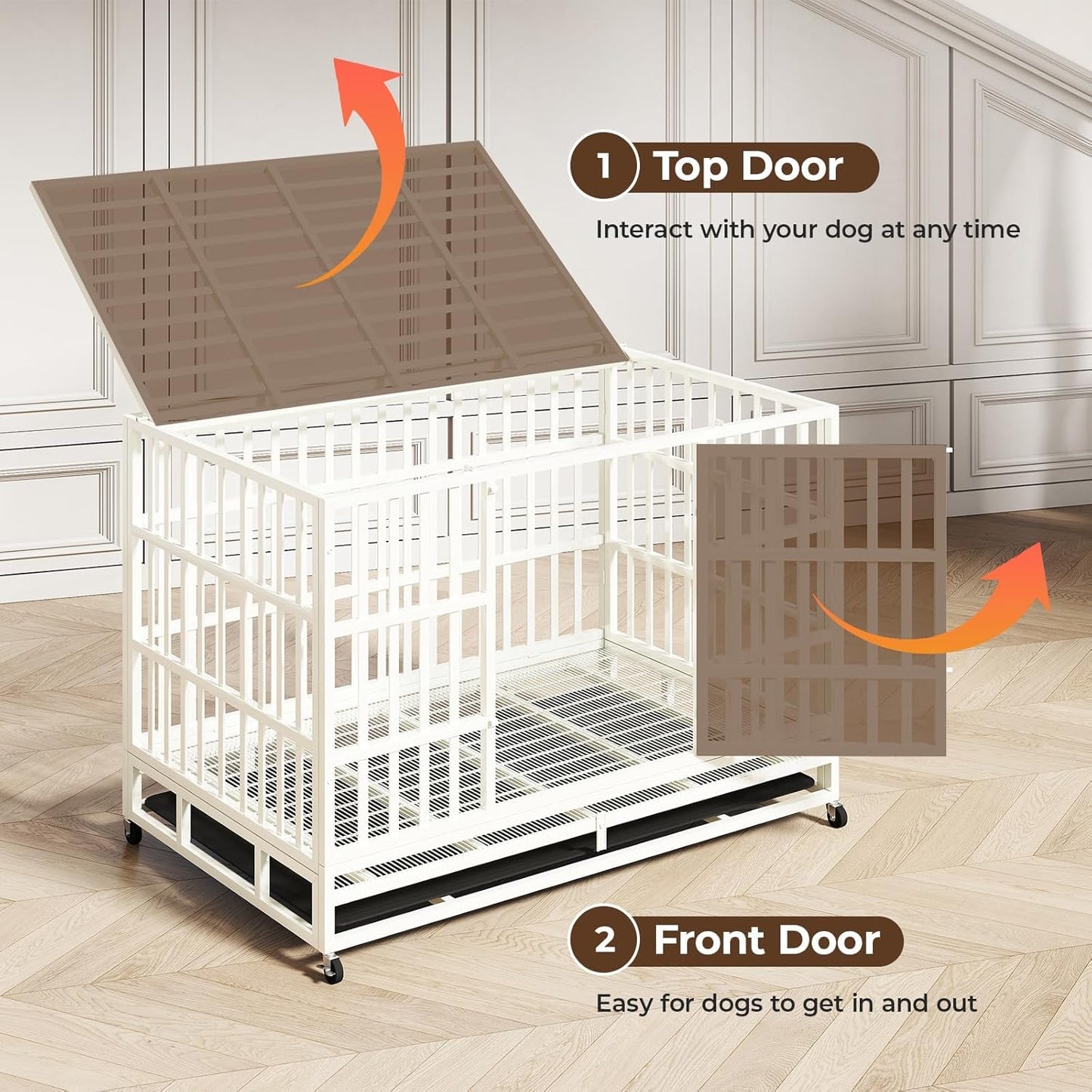 48 Inch Heavy Duty Dog Crate Steel Escape Proof, Indoor Double Door High Anxiety Cage Removable Tray, Extra Large,White