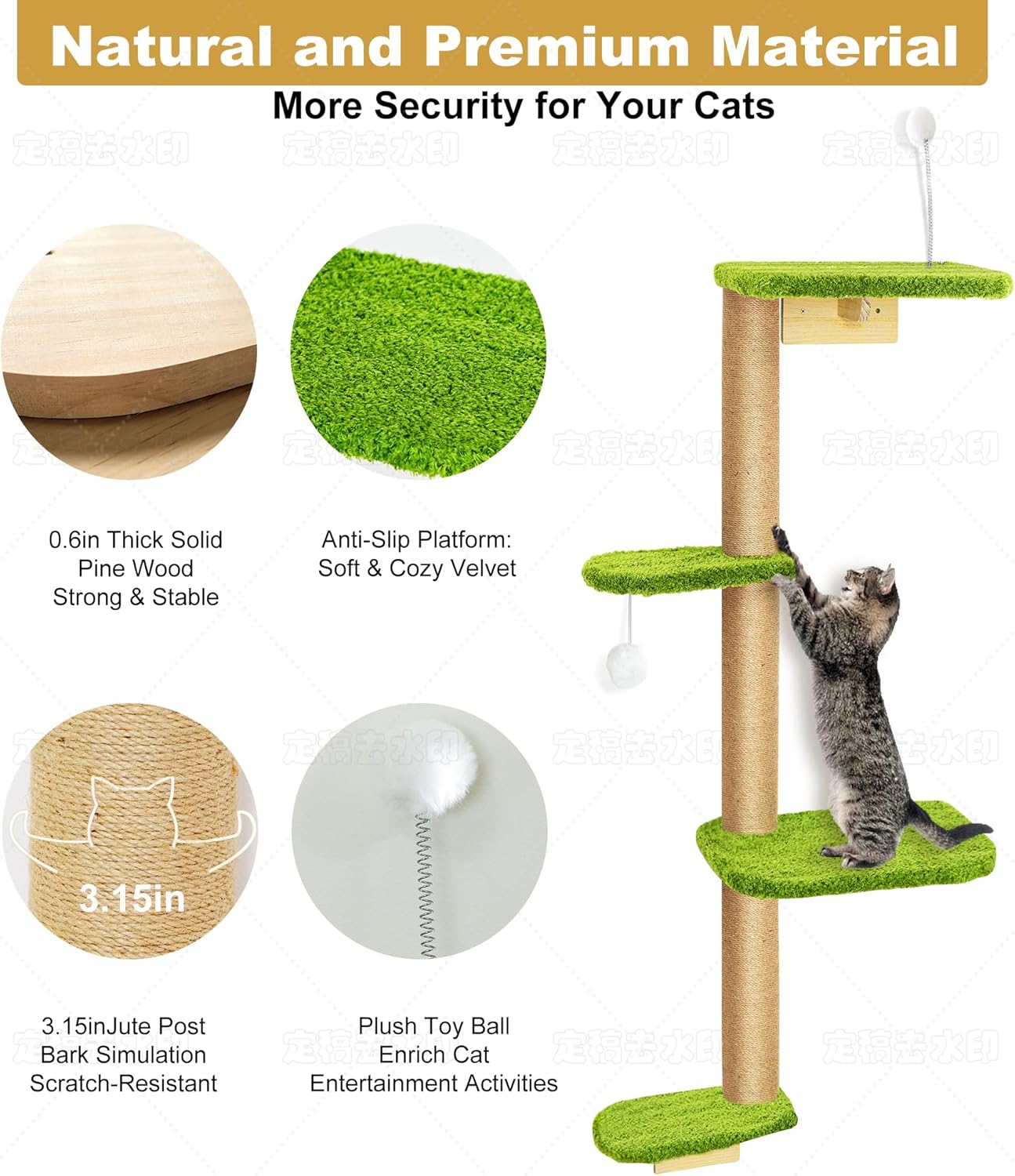 Cat Wall Climber and Floating Shelves, Wall Mounted Cat Tree for Kittens & Cats Up to 30lbs, 4-Tier Adjustable Design with Green Plush Pads