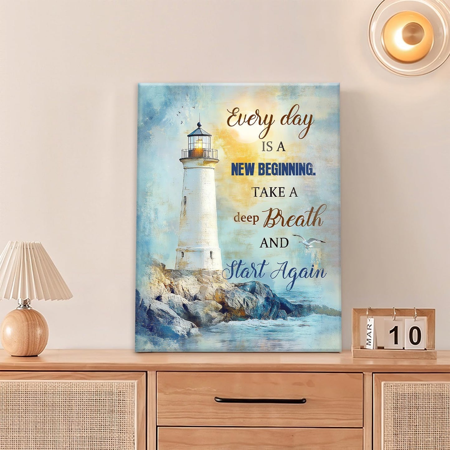 Ocean Lighthouse Pictures Wall Art, Coastal Nautical Bathroom Wall Decor Every Day is a New Beginning Motivational Quote Framed Painting Canvas Artwork for Bedroom Living Room Decorations 20"L x 16"W