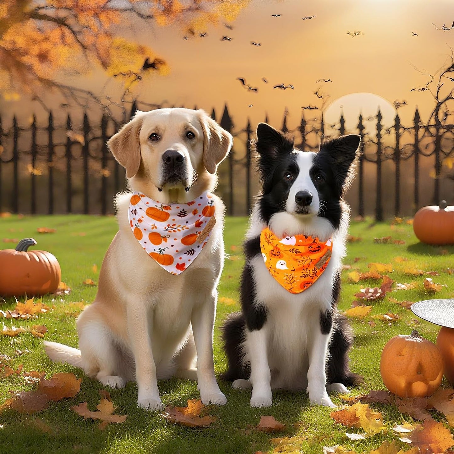 2 Pack Halloween Dog Bandanas,Leather Brand Logo, Double-Layed Soft Skin-Friendly Fabric, Autumn Scarf Accessory for Boys & Girls,Suitable for Halloween, Daily Walks & Family Outings