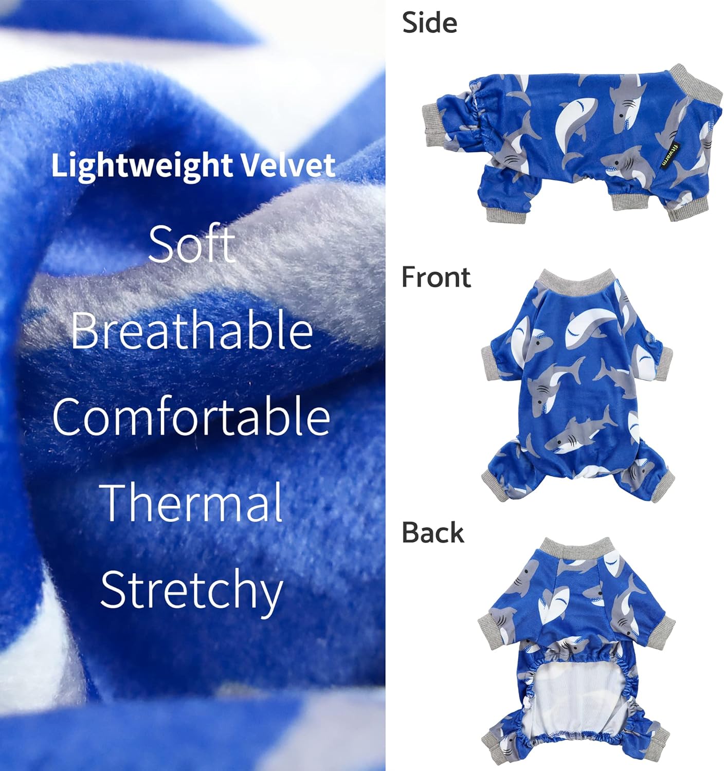 Fitwarm Shark Dog Pajamas, Dog Clothes for Small Dogs Girl Boy, Pet Onesie with Feet, Cat Outfit, Lightweight Velvet, Royal Blue, Large