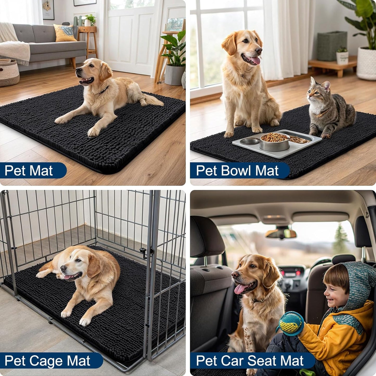 Smiry Dog Door Mat for Muddy Paws 30x20, Absorbs Moisture and Dirt Doormat, Non-Slip Washable Quick Dry Chenille Front Door Mat Indoor Entrance, Entryway Carpet for Inside Floor, Black