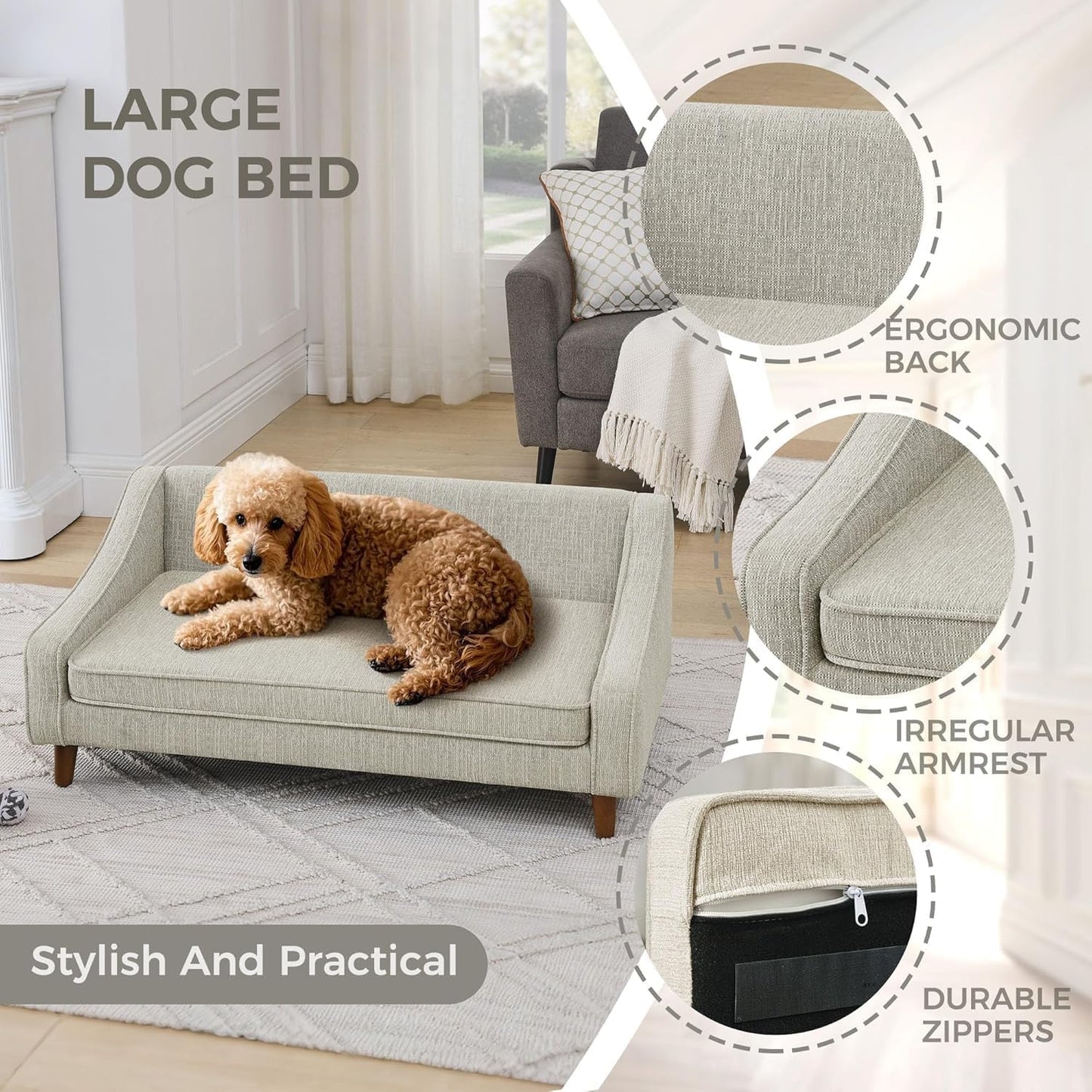 Dog Sofa Couch for Medium to Large Dogs, Durable Pet Sofa with Washable Fabric, Elevated Mini Dog Bed with Wooden Legs for Medium and Large Dogs, Beige