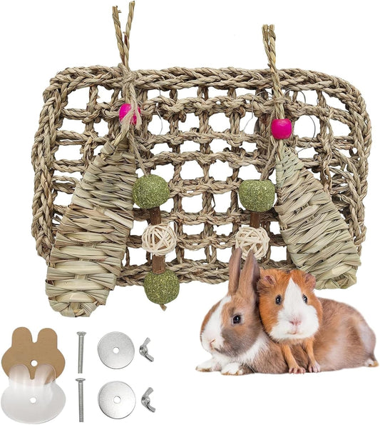 Hamiledyi Rabbit Seagrass Mat Hanging Bunny Chew Toys for Teeth Rabbit Enrichment Activity Mat Small Animal Toys for Guinea Pigs Chinchillas Gerbils Birds