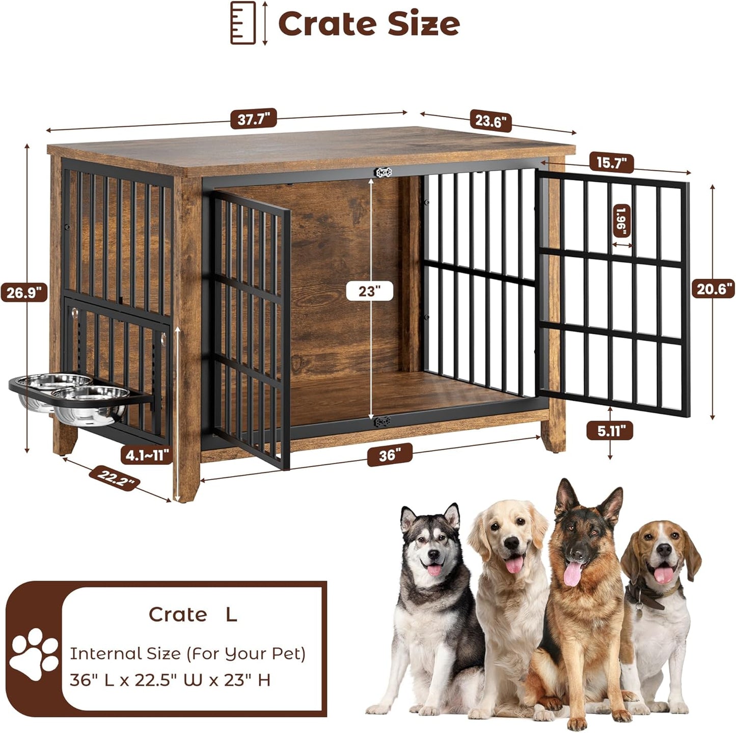Lulive Wooden Dog Crate Furniture, Large Dog Kennel Indoor with 360°& Adjustable Raised Dog Bowls, Double Doors Furniture Dog Crates End Table for Large/Medium Dogs 37.8" L*23.6" W*27" H, Brown