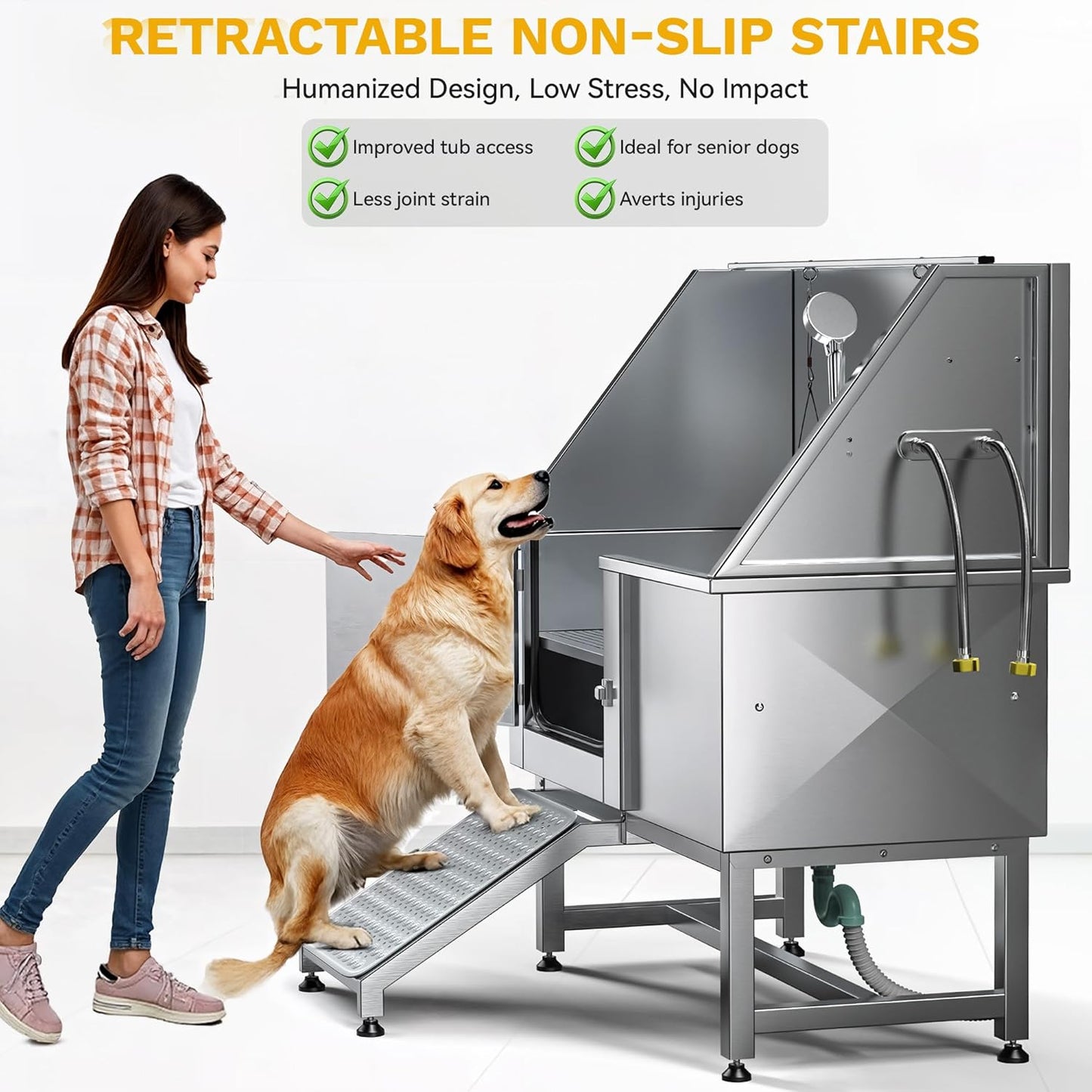 DWVO Professional Pet Dog Bathing Station for Grooming, 50'' Dog Grooming Bathtub with Left Ramp, Floor Grate, Faucet, Showerhead & Soap Holder for Large, Medium & Small Pets