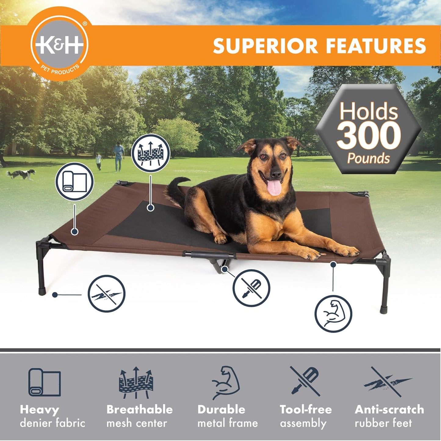 K&H Pet Products Outdoor Elevated Dog Cot, Breathable Cooling Elevated Cot Hammock Pet Bed for XL Dogs, Washable Mesh Cover, Raised Metal Frame, Collapsible, Portable - Jumbo 56 X 38in Chocolate