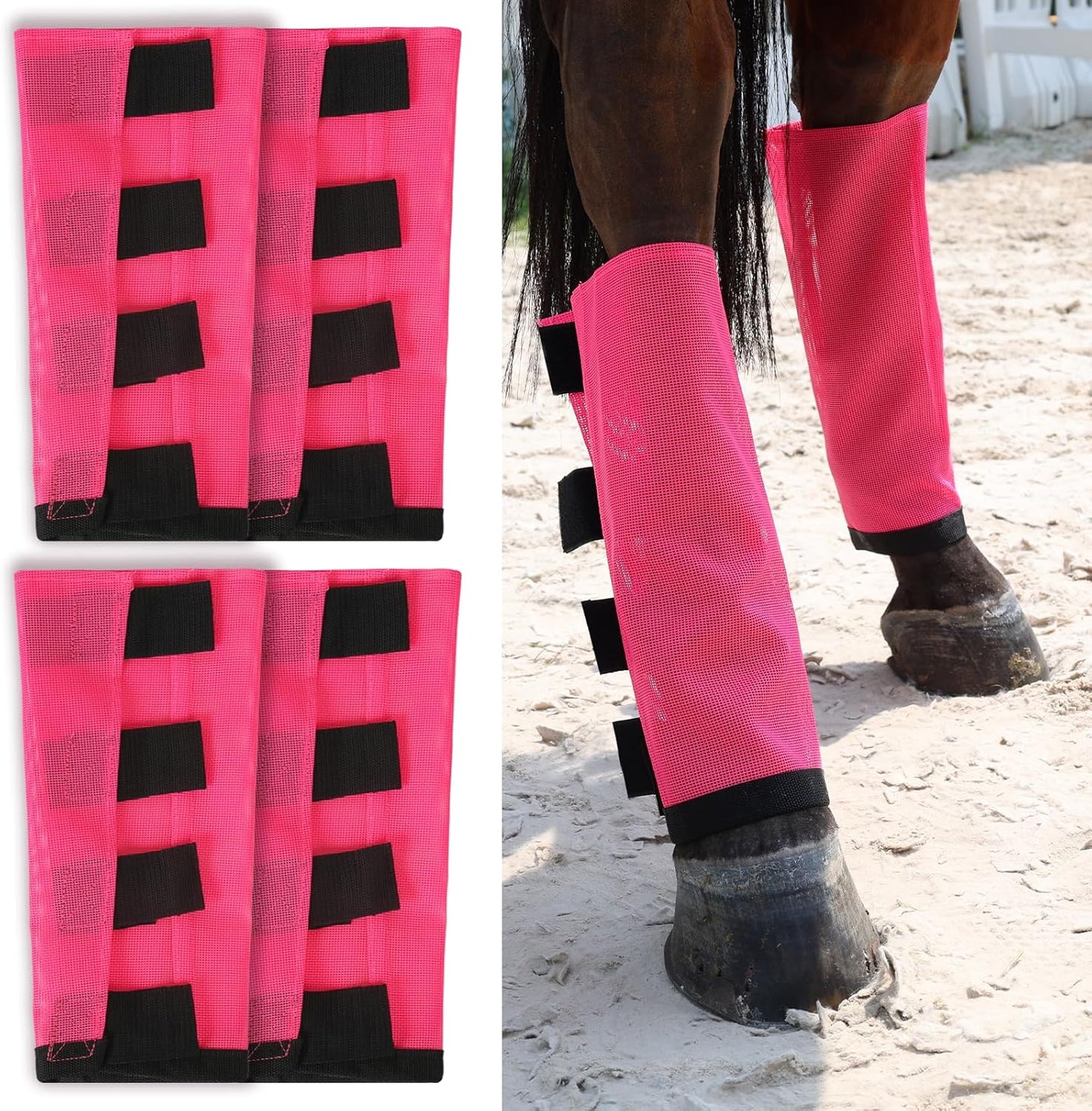Premium 4-Pack Horse Fly Boots & Leggings Loose-Fit Fine Mesh with Stay-On Fasteners, Support Strips & Anti-Stomp Design Breathable Non-Slip Protection Leg Wrap (Large) Rose Pink