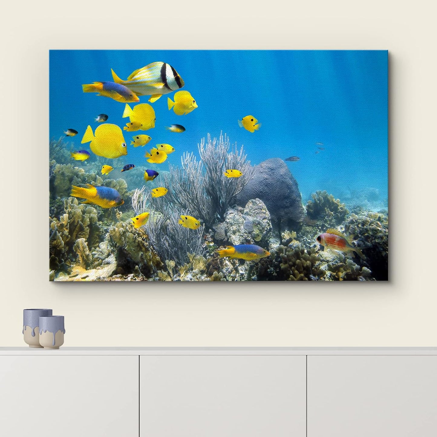 wall26 Canvas Print Wall Art Yellow School of Fish with Blue Coral Reef Nature Ocean Photography Realism Nautical Scenic Relax/Calm Multicolor Ultra for Living Room, Bedroom, Office - 24"x36"