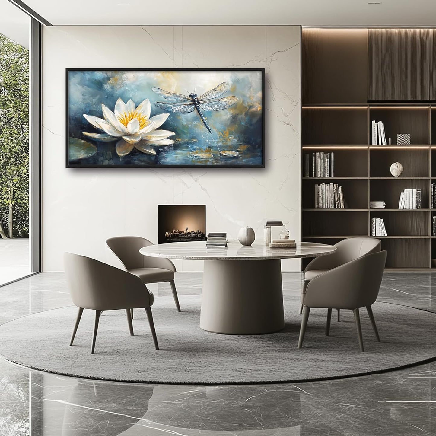 Extra Large Lotus Dragonfly Framed Wall Art for Living Room,Abstract Blue Lotus Flower Lake Pictures Wall Decor,Nature Canvas Print Painting Modern Artwork Bedroom Office Bathroom 60L" x 30W"